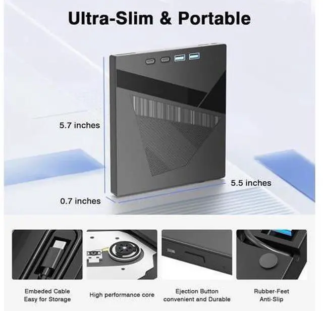 Alt view image 6 of 7 - 7-in-1 External CD/DVD Drive for Laptop, USB 3.0 & Type-C DVD Player for Laptop Desktop with SD Card Reader Portable DVD/CD Drive for PC,CD Burner Compatible with Windows XP/7/8/10, Linux MacOS