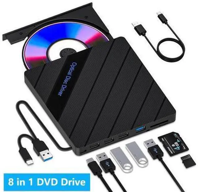Main image of 8-in-1 External CD DVD Drive for Laptop, USB 3.0 Type-C Slim Portable Player CD DVD RW Burner Writer Reader with SD/TF Slot & 4 USB Ports, Optical Disk Drive for Windows11/10/Mac OS/Vista/Linux