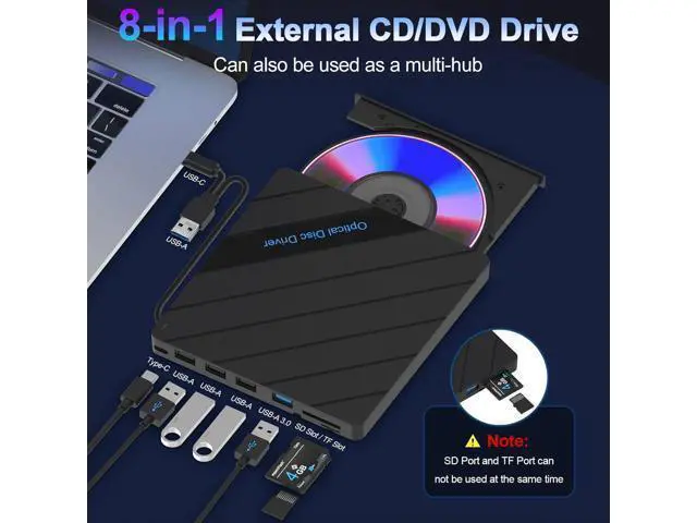 Alt view image 2 of 7 - 8-in-1 External CD DVD Drive for Laptop, USB 3.0 Type-C Slim Portable Player CD DVD RW Burner Writer Reader with SD/TF Slot & 4 USB Ports, Optical Disk Drive for Windows11/10/Mac OS/Vista/Linux