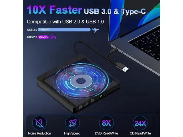 Alt view image 3 of 7 - 8-in-1 External CD DVD Drive for Laptop, USB 3.0 Type-C Slim Portable Player CD DVD RW Burner Writer Reader with SD/TF Slot & 4 USB Ports, Optical Disk Drive for Windows11/10/Mac OS/Vista/Linux