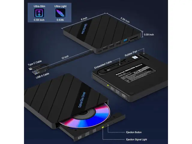 Alt view image 7 of 7 - 8-in-1 External CD DVD Drive for Laptop, USB 3.0 Type-C Slim Portable Player CD DVD RW Burner Writer Reader with SD/TF Slot & 4 USB Ports, Optical Disk Drive for Windows11/10/Mac OS/Vista/Linux