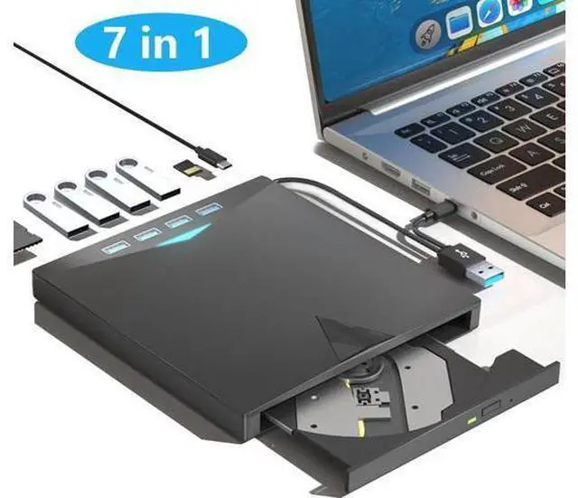 Main image of 7-in-1 External CD DVD Drive for Laptop, USB 3.0 DVD Player with 4 USB Ports & SD/TF Slot Optical Disk Drive Reader Writer Burner for PC, Laptop Windows 11/10/8/7/ XP/ 2003/Vista/Linux, MacOS