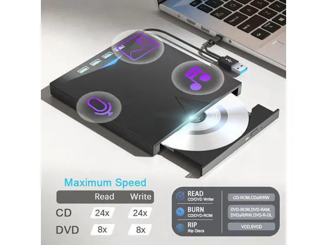 Alt view image 3 of 7 - 7-in-1 External CD DVD Drive for Laptop, USB 3.0 DVD Player with 4 USB Ports & SD/TF Slot Optical Disk Drive Reader Writer Burner for PC, Laptop Windows 11/10/8/7/ XP/ 2003/Vista/Linux, MacOS