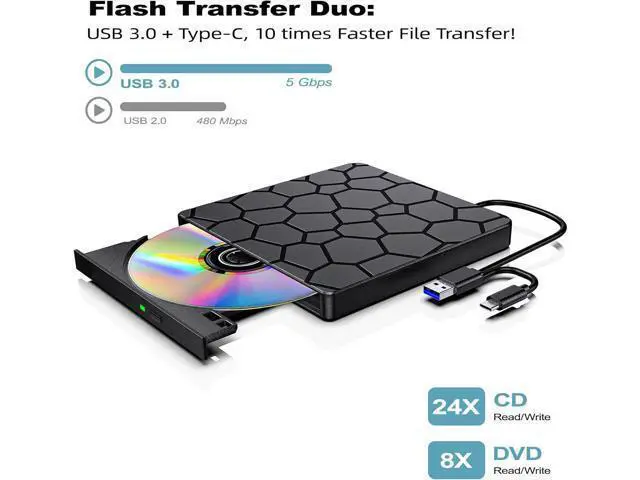 Alt view image 2 of 7 - External CD/DVD Drive for Laptop & PC, USB 3.0 & USB C DVD Burner Ultra-Slim CD Player Portable for Laptop Disc Reader Compatible with Desktop PC Windows 11/10/8 Linux Mac OS MacBook Pro/Air