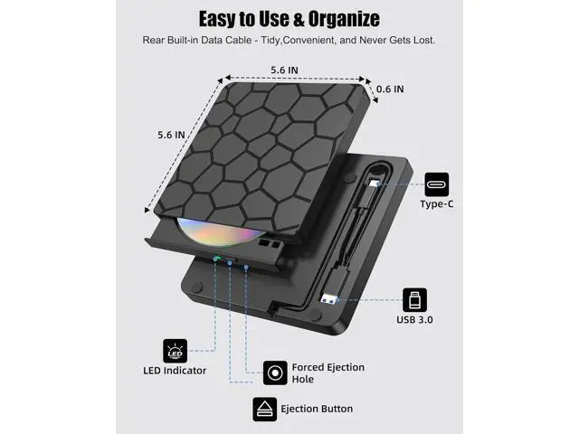 Alt view image 5 of 7 - External CD/DVD Drive for Laptop & PC, USB 3.0 & USB C DVD Burner Ultra-Slim CD Player Portable for Laptop Disc Reader Compatible with Desktop PC Windows 11/10/8 Linux Mac OS MacBook Pro/Air