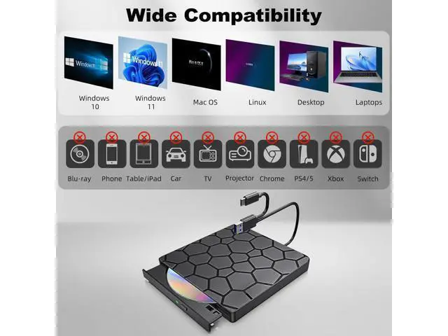 Alt view image 7 of 7 - External CD/DVD Drive for Laptop & PC, USB 3.0 & USB C DVD Burner Ultra-Slim CD Player Portable for Laptop Disc Reader Compatible with Desktop PC Windows 11/10/8 Linux Mac OS MacBook Pro/Air