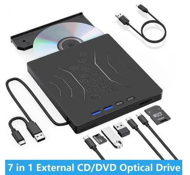 Main image of USB 3.0 & USB C 7 in 1 External CD DVD Drive, Portable CD/DVD +/-RW Burner for Laptop & Desktop - Plug & Play, Ultra Slim Design, Fast Burning, Compatible with Windows 11/10/8/7, Mac OS, Linux