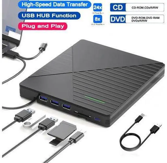 Main image of 7 in 1 External CD DVD Drive for Laptop with 3 USB Ports & TF/SD Card Slots, USB 3.0 & USB-C CD DVD Optical Disc Reader Burner Player for MacBook Pro Laptop PC Windows 11/10/8/7 Linux Mac OS
