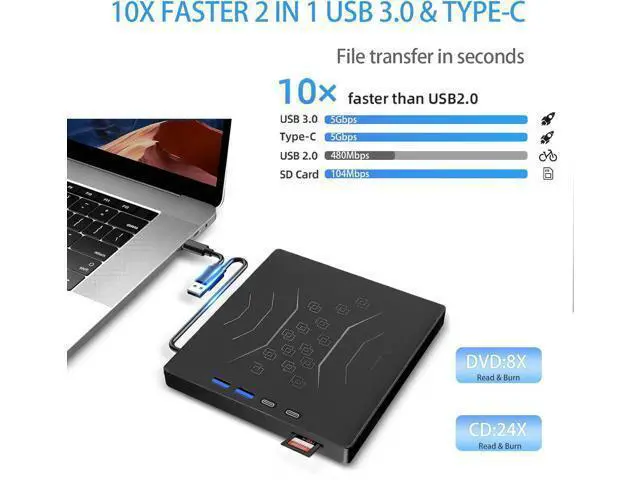 Alt view image 3 of 6 - USB 3.0 & USB C 7 in 1 External CD DVD Drive, Portable CD/DVD +/-RW Burner for Laptop & Desktop - Plug & Play, Ultra Slim Design, Fast Burning, Compatible with Windows 11/10/8/7, Mac OS, Linux