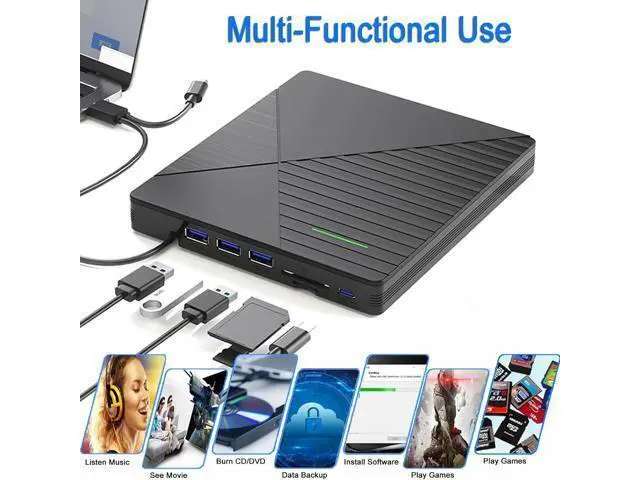 Alt view image 3 of 7 - 7 in 1 External CD DVD Drive for Laptop with 3 USB Ports & TF/SD Card Slots, USB 3.0 & USB-C CD DVD Optical Disc Reader Burner Player for MacBook Pro Laptop PC Windows 11/10/8/7 Linux Mac OS