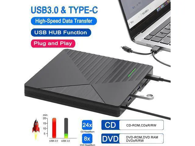 Alt view image 2 of 7 - 7 in 1 External CD DVD Drive for Laptop with 3 USB Ports & TF/SD Card Slots, USB 3.0 & USB-C CD DVD Optical Disc Reader Burner Player for MacBook Pro Laptop PC Windows 11/10/8/7 Linux Mac OS