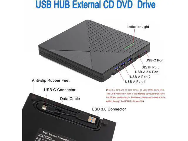 Alt view image 5 of 7 - 7 in 1 External CD DVD Drive for Laptop with 3 USB Ports & TF/SD Card Slots, USB 3.0 & USB-C CD DVD Optical Disc Reader Burner Player for MacBook Pro Laptop PC Windows 11/10/8/7 Linux Mac OS