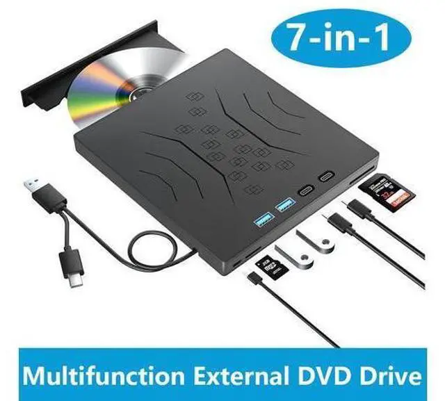 Main image of 7 in 1 External CD DVD Drive, USB 3.0 & Type-C External CD/DVD Drive for Laptop, Portable CD/DVD +/-RW Disk Drive, CD/DVD Burner CD ROM External Drive for Laptop Desktop PC Windows 7/8/10/XP Mac Linux