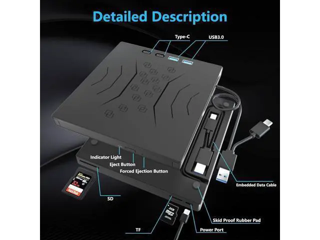 Alt view image 2 of 7 - 7 in 1 External CD DVD Drive, USB 3.0 & Type-C External CD/DVD Drive for Laptop, Portable CD/DVD +/-RW Disk Drive, CD/DVD Burner CD ROM External Drive for Laptop Desktop PC Windows 7/8/10/XP Mac Linux