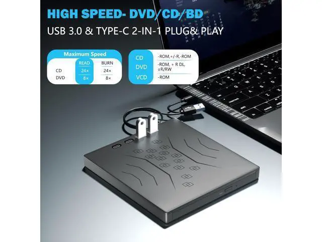 Alt view image 4 of 7 - 7 in 1 External CD DVD Drive, USB 3.0 & Type-C External CD/DVD Drive for Laptop, Portable CD/DVD +/-RW Disk Drive, CD/DVD Burner CD ROM External Drive for Laptop Desktop PC Windows 7/8/10/XP Mac Linux