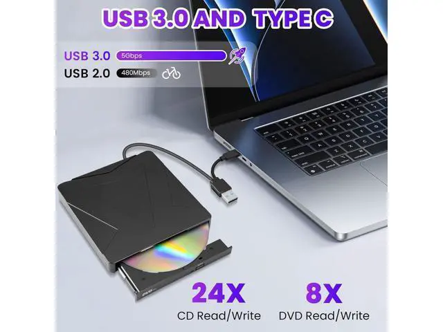 Alt view image 3 of 7 - External DVD CD Drive for Laptop, USB 3.0 & Type-C Portable CD DVD +/-RW Burner Optical Drives CD ROM/DVD Drive External for PC Laptop Desktop MacBook Windows 7/8/10/11/XP Linux/Mac