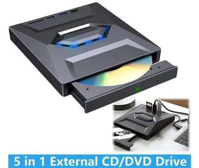 Main image of 5-in-1 External DVD Drive USB 3.0 & Type-C, Portable DVD-RW/CD Writer Reader with USB Hub & SD/TF Card Reader, Plug & Play External Optical CD/DVD Drive for Laptop Desktop Windows, Linux, MacOS