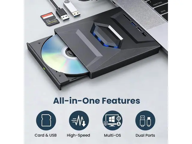 Alt view image 2 of 7 - 5-in-1 External DVD Drive USB 3.0 & Type-C, Portable DVD-RW/CD Writer Reader with USB Hub & SD/TF Card Reader, Plug & Play External Optical CD/DVD Drive for Laptop Desktop Windows, Linux, MacOS