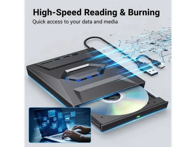 Alt view image 4 of 7 - 5-in-1 External DVD Drive USB 3.0 & Type-C, Portable DVD-RW/CD Writer Reader with USB Hub & SD/TF Card Reader, Plug & Play External Optical CD/DVD Drive for Laptop Desktop Windows, Linux, MacOS