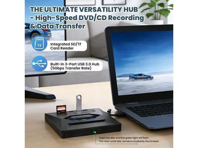 Alt view image 3 of 7 - 5-in-1 External DVD Drive USB 3.0 & Type-C, Portable DVD-RW/CD Writer Reader with USB Hub & SD/TF Card Reader, Plug & Play External Optical CD/DVD Drive for Laptop Desktop Windows, Linux, MacOS