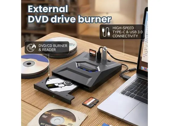 Alt view image 6 of 7 - 5-in-1 External DVD Drive USB 3.0 & Type-C, Portable DVD-RW/CD Writer Reader with USB Hub & SD/TF Card Reader, Plug & Play External Optical CD/DVD Drive for Laptop Desktop Windows, Linux, MacOS