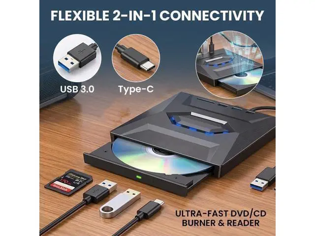 Alt view image 7 of 7 - 5-in-1 External DVD Drive USB 3.0 & Type-C, Portable DVD-RW/CD Writer Reader with USB Hub & SD/TF Card Reader, Plug & Play External Optical CD/DVD Drive for Laptop Desktop Windows, Linux, MacOS