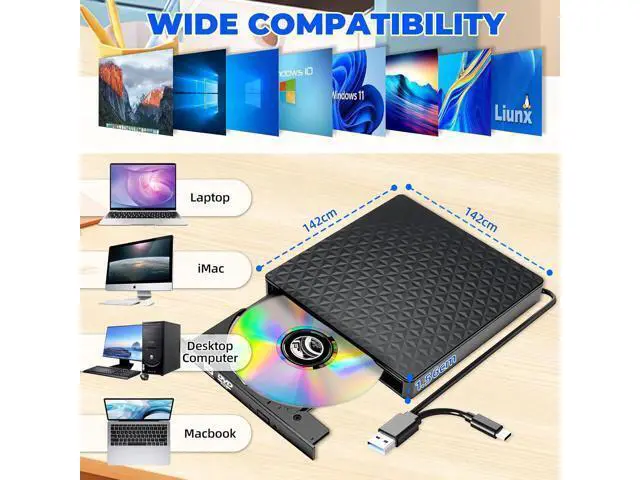 Alt view image 3 of 7 - External CD DVD Drive, Ultra-Slim CD ROM Burner Reader Writer Drive Portable DVD Player, USB 3.0 and Type-C Optical DVD Drive Compatible with Laptop Desktop PC Windows XP/7/8/10/11 Linux Mac OS