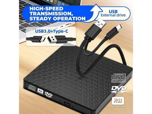Alt view image 2 of 7 - External CD DVD Drive, Ultra-Slim CD ROM Burner Reader Writer Drive Portable DVD Player, USB 3.0 and Type-C Optical DVD Drive Compatible with Laptop Desktop PC Windows XP/7/8/10/11 Linux Mac OS