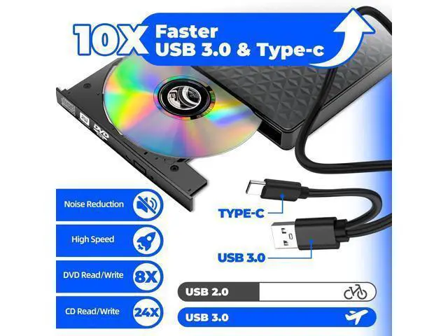 Alt view image 6 of 7 - External CD DVD Drive, Ultra-Slim CD ROM Burner Reader Writer Drive Portable DVD Player, USB 3.0 and Type-C Optical DVD Drive Compatible with Laptop Desktop PC Windows XP/7/8/10/11 Linux Mac OS