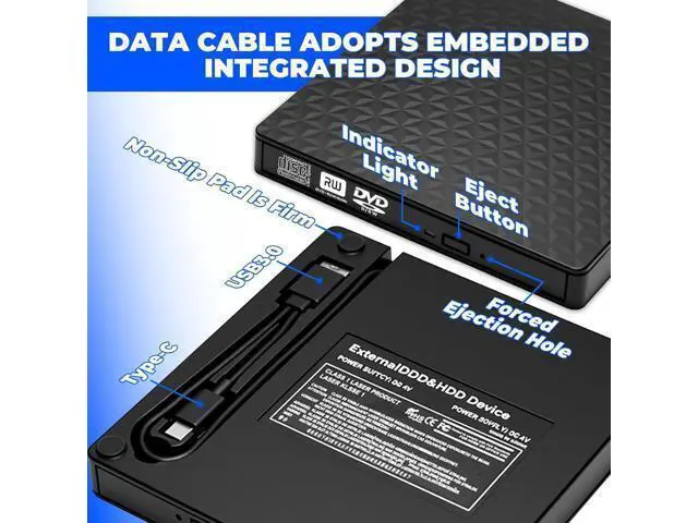 Alt view image 5 of 7 - External CD DVD Drive, Ultra-Slim CD ROM Burner Reader Writer Drive Portable DVD Player, USB 3.0 and Type-C Optical DVD Drive Compatible with Laptop Desktop PC Windows XP/7/8/10/11 Linux Mac OS