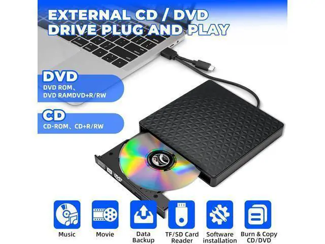 Alt view image 7 of 7 - External CD DVD Drive, Ultra-Slim CD ROM Burner Reader Writer Drive Portable DVD Player, USB 3.0 and Type-C Optical DVD Drive Compatible with Laptop Desktop PC Windows XP/7/8/10/11 Linux Mac OS