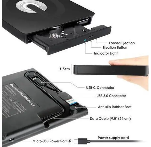 Alt view image 3 of 7 - External CD DVD Drive, Type-C & USB 3.0 External Optical CD/DVD Drive, Portable CD DVD Player RW Writer Burner Reader for Laptop, Desktop, PC, Windows 11/10 / 8/7 / XP/Linux/Vista, Linux, MacOS