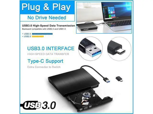 Alt view image 3 of 7 - External CD DVD Drive, Portable USB 3.0 and Type-C CD/DVD RW Drive Player Rewriter CD/DVD Burner Optical Drive Compatible with Laptop Desktop PC Computer for Windows 7/8/10/11, Linux, MacOS