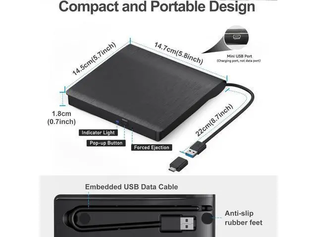 Alt view image 7 of 7 - External CD DVD Drive, Portable USB 3.0 and Type-C CD/DVD RW Drive Player Rewriter CD/DVD Burner Optical Drive Compatible with Laptop Desktop PC Computer for Windows 7/8/10/11, Linux, MacOS