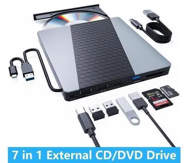 Main image of External CD DVD Drive, USB3.0/USB C Portable CD/DVD Player with SD/TF Slot, 1 USB 3.0 & 4 USB 2.0 Ports, CD ROM Burner Optical Drive Compatible with Windows 11/10/8.1/8/7/vista,Linux,MacOS