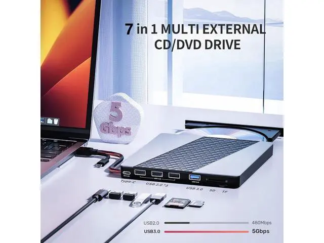 Alt view image 2 of 7 - External CD DVD Drive, USB3.0/USB C Portable CD/DVD Player with SD/TF Slot, 1 USB 3.0 & 4 USB 2.0 Ports, CD ROM Burner Optical Drive Compatible with Windows 11/10/8.1/8/7/vista,Linux,MacOS