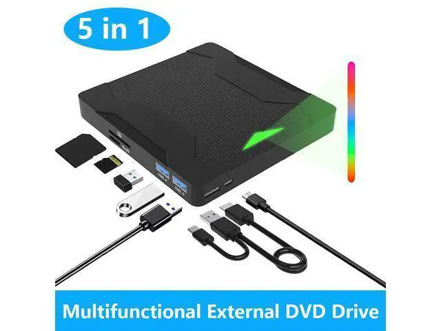 Main image of 5 in 1 External CD DVD Drive with 2 USB Ports and SD/TF Card Slots, Type-C USB 3.0 Portable CD/DVD Disk Drive Player Burner Reader Writer for Laptop Desktop PC Windows 11/10/8/7/XP Linux, MacOS