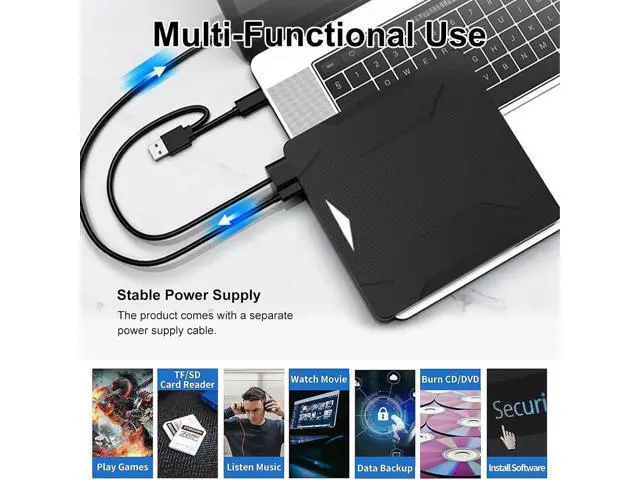 Alt view image 3 of 7 - 5 in 1 External CD DVD Drive with 2 USB Ports and SD/TF Card Slots, Type-C USB 3.0 Portable CD/DVD Disk Drive Player Burner Reader Writer for Laptop Desktop PC Windows 11/10/8/7/XP Linux, MacOS