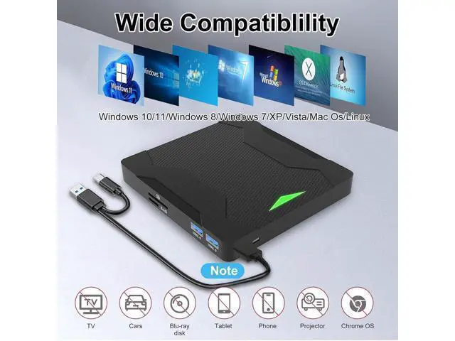Alt view image 4 of 7 - 5 in 1 External CD DVD Drive with 2 USB Ports and SD/TF Card Slots, Type-C USB 3.0 Portable CD/DVD Disk Drive Player Burner Reader Writer for Laptop Desktop PC Windows 11/10/8/7/XP Linux, MacOS