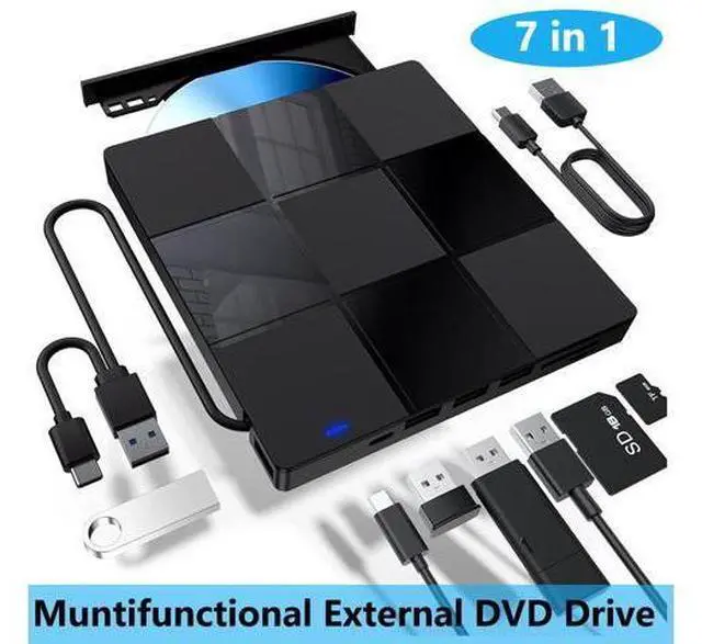 Main image of External CD/DVD Drive for Laptop, 7 in 1 USB 3.0 Type C Ultra-Slim Portable CD/DVD Player Burner, with 4 USB Ports&SD TF Card Slot, Optical Drive Compatible with Windows 11/10/8/7, Linux, MacOS