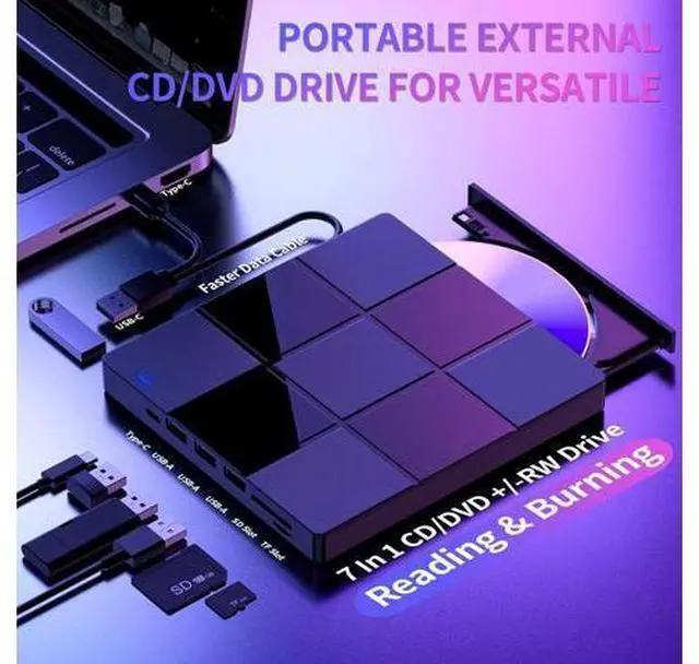 Alt view image 2 of 7 - External CD/DVD Drive for Laptop, 7 in 1 USB 3.0 Type C Ultra-Slim Portable CD/DVD Player Burner, with 4 USB Ports&SD TF Card Slot, Optical Drive Compatible with Windows 11/10/8/7, Linux, MacOS