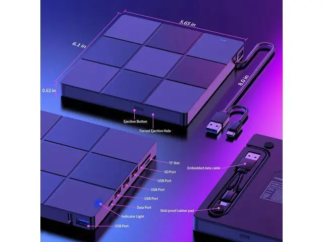 Alt view image 7 of 7 - External CD/DVD Drive for Laptop, 7 in 1 USB 3.0 Type C Ultra-Slim Portable CD/DVD Player Burner, with 4 USB Ports&SD TF Card Slot, Optical Drive Compatible with Windows 11/10/8/7, Linux, MacOS