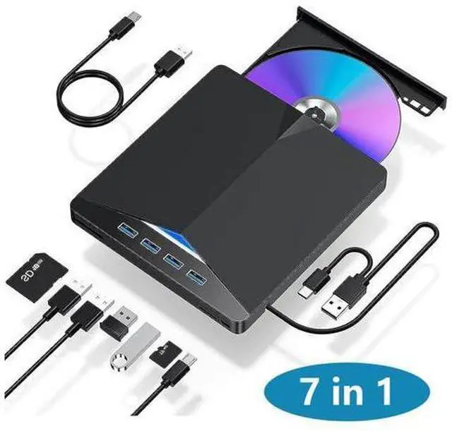 Main image of 7-in-1 External CD DVD Drive for Laptop, USB 3.0 Type C CD DVD Player Burner with Card Reader 4 USB Ports Hub, Portable Slim CD DVD ROM for Desktop PC Compatible with Windows 11/10/8/7 Linux MacOS