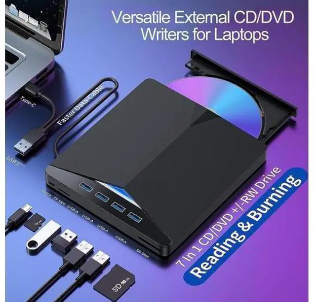 Alt view image 2 of 7 - 7-in-1 External CD DVD Drive for Laptop, USB 3.0 Type C CD DVD Player Burner with Card Reader 4 USB Ports Hub, Portable Slim CD DVD ROM for Desktop PC Compatible with Windows 11/10/8/7 Linux MacOS