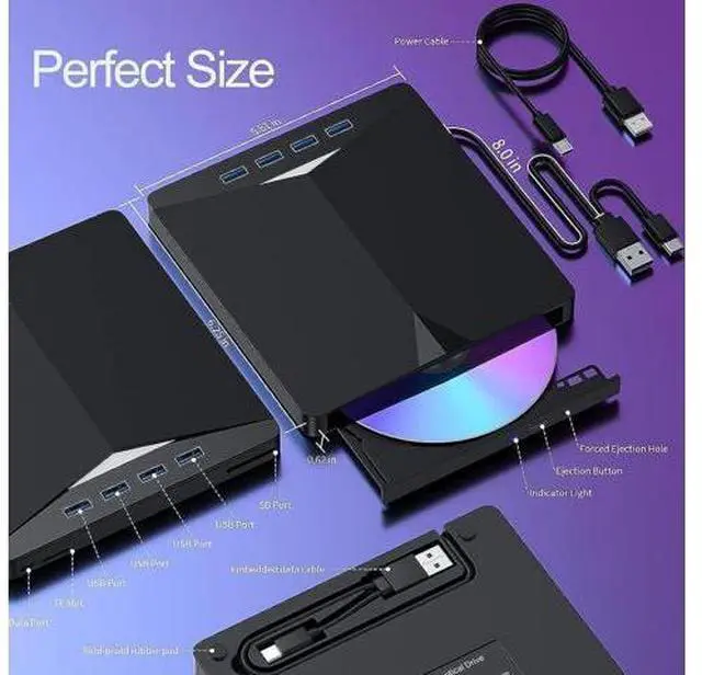 Alt view image 7 of 7 - 7-in-1 External CD DVD Drive for Laptop, USB 3.0 Type C CD DVD Player Burner with Card Reader 4 USB Ports Hub, Portable Slim CD DVD ROM for Desktop PC Compatible with Windows 11/10/8/7 Linux MacOS