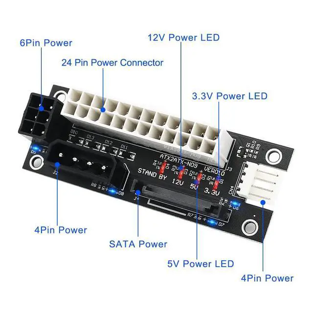 Alt view image 4 of 6 - ADD2PSU Power Supply Connector 4 in 1 Molex 4Pin/SATA/ATX 6Pin/4Pin Dual PSU Multiple Power Supply Adapter, Synchronous Power Board, Add 2PSU with Power LED