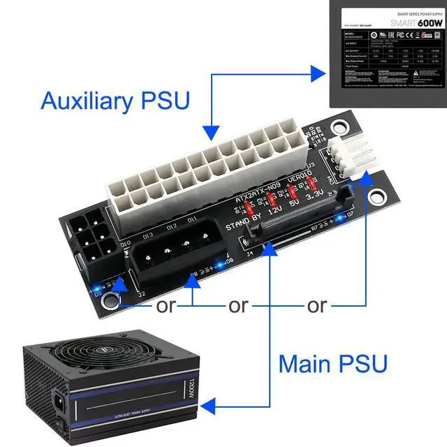 Alt view image 5 of 6 - ADD2PSU Power Supply Connector 4 in 1 Molex 4Pin/SATA/ATX 6Pin/4Pin Dual PSU Multiple Power Supply Adapter, Synchronous Power Board, Add 2PSU with Power LED