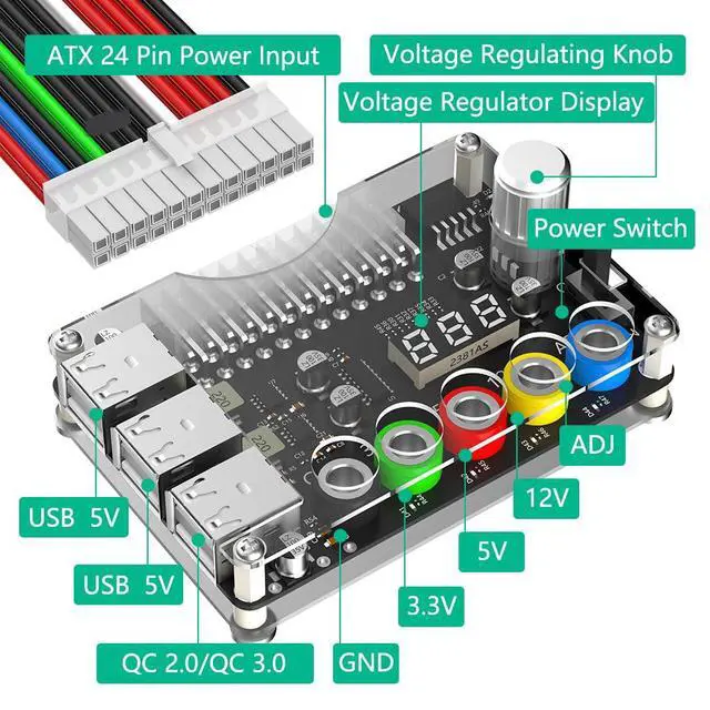 Alt view image 4 of 6 - ATX Power Supply Breakout Board with Adjustable Voltage Knob and 6- Port USB 2.0,and QC 2.0/QC 3.0, 3A Maximum Output