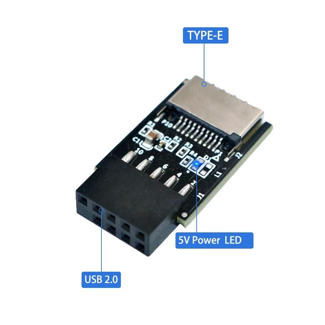 Alt view image 4 of 6 - USB 3.1 Front Panel Socket Key-A Type-E to USB 2.0 9Pin Header Male Extension Adapter with 5V Power LED