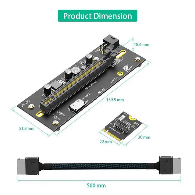 Alt view image 4 of 7 - M.2 M-Key 2230 to PCIe 4.0 X16 with Oculink SFF-8612/8611 Extension Cable